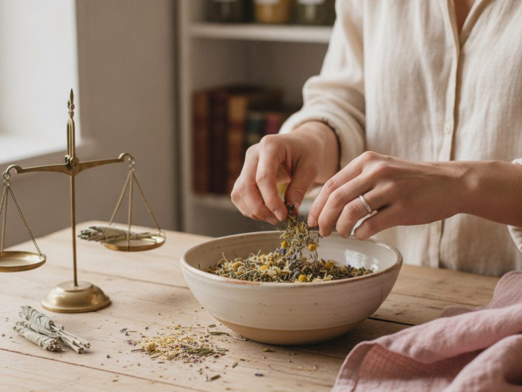 Mains assemblant des plantes séchées dans un bol en céramique à l'atelier