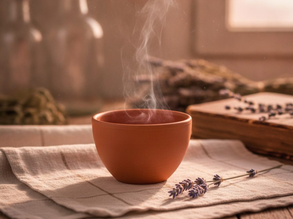 Tasse de tisane fumante en terre cuite posée sur un plaid en lin avec un brin de lavande