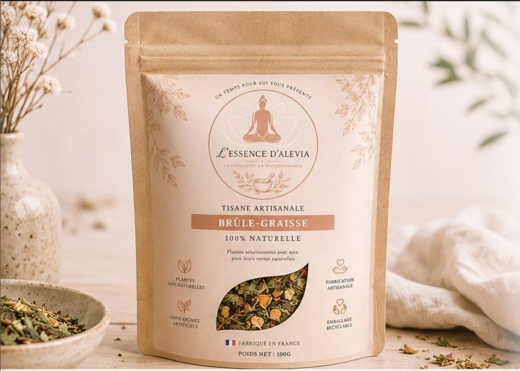 Sachet de tisane artisanale avec tasse et plantes séchées